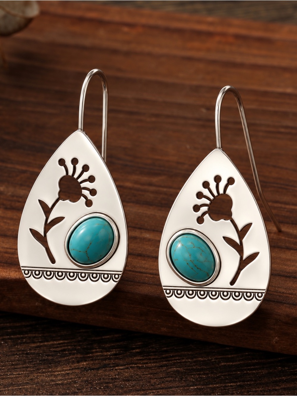 “Turquoise Dandelion” Teardrop Cut-out Carve Floral Scallop Ethnic Silver Dangle